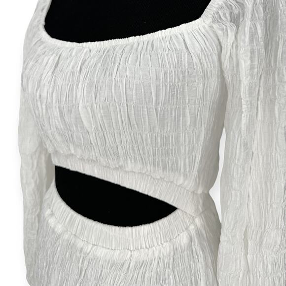 SABO | Small | Textured Crepe Off-Shoulder Puff Sleeve Seven Cutout Waist Dress - Picture 7 of 12